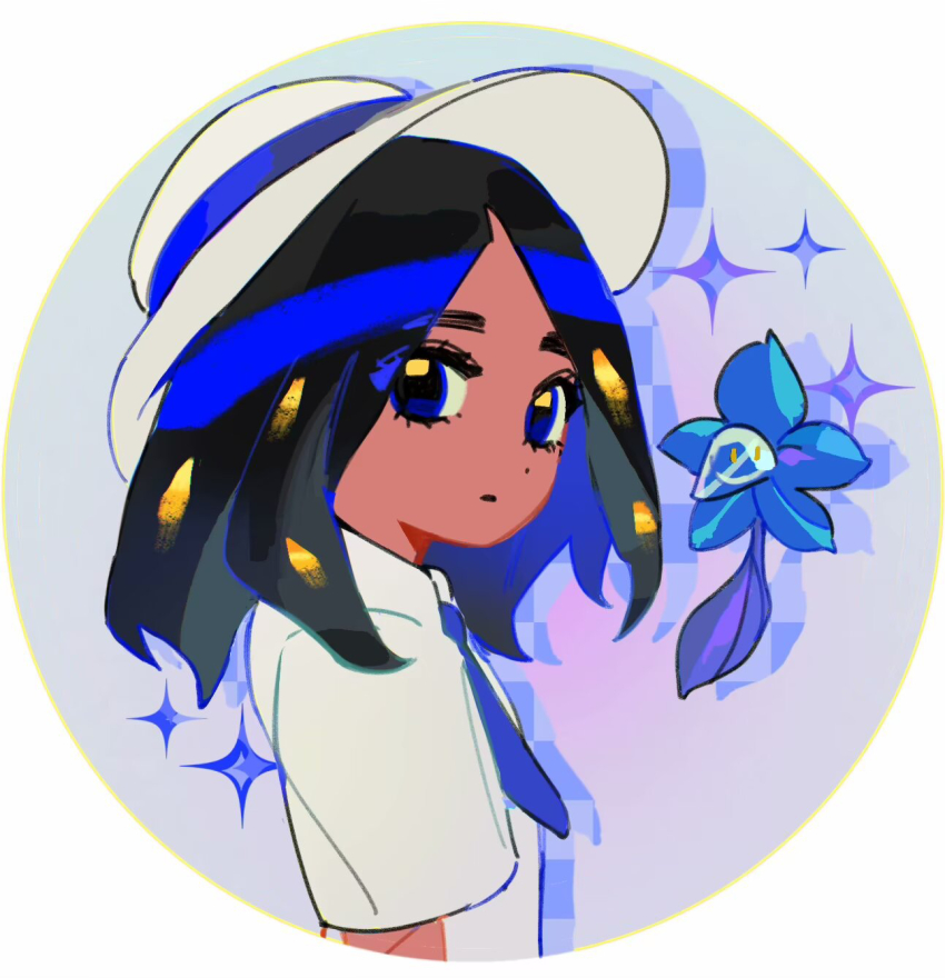1girl aged_down black_hair blue_eyes blue_necktie commentary_request dark-skinned_female dark_skin eyelashes from_side game_freak geeta_(pokemon) glimmet hat highres long_hair nanaasuzy necktie nintendo pokemon pokemon_(creature) pokemon_sv shirt short_sleeves upper_body white_hat white_shirt