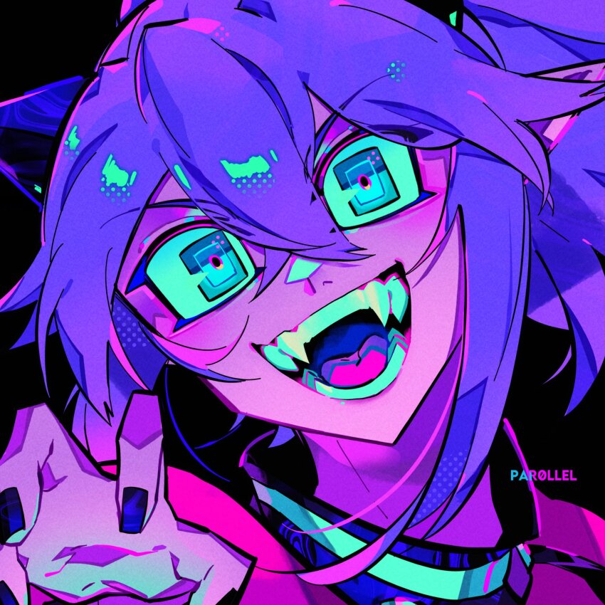 1girl :d aqua_eyes aqua_sclera aqua_teeth artist_name black_background black_horns black_nails claw_pose close-up colored_sclera colored_teeth commentary crossed_bangs demon_girl demon_horns double-parted_bangs english_commentary fangs hair_between_eyes hair_flaps halftone hand_up head_tilt highres horns looking_at_viewer nail_polish open_mouth original par0llel pointy_ears ponytail portrait short_hair simple_background smile solo tongue tora_(par0llel) v-shaped_eyebrows