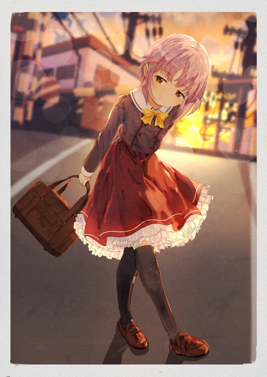 1girl arms_behind_back bag birthday black_thighhighs blush bow bowtie brown_bag brown_shoes building closed_mouth collared_shirt commentary_request crossed_legs evening frilled_skirt frills full_body grey_shirt hair_ornament hairclip heavy_lens_flare highres holding holding_bag idolmaster idolmaster_cinderella_girls kentake04 koshimizu_sachiko leaning leaning_forward lens_flare light_smile loafers long_sleeves looking_at_viewer medium_skirt outdoors photo_(object) polaroid_photo purple_hair red_skirt road school_bag shirt shoes short_hair sidelocks skirt solo standing straight_hair street sunset thighhighs three_quarter_view utility_pole v_arms yellow_bow yellow_bowtie