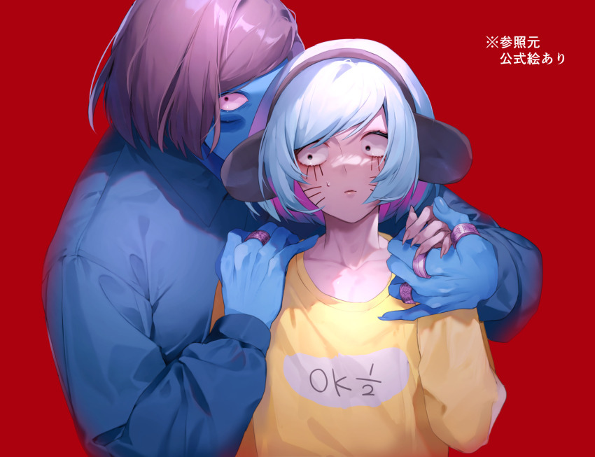 2boys alltime_natsu animal_ears black_eyes blue_skin colored_skin commentary_request extra_eyes facial_mark fake_animal_ears fingernails green_shirt hand_on_another&#039;s_shoulder highres holding_hands jewelry looking_at_viewer luther_von_ivory male_focus multiple_boys multiple_rings nyon_(randal&#039;s_friends) pink_hair randal&#039;s_friends red_background ring sharp_fingernails shirt short_hair simple_background upper_body whisker_markings yellow_shirt