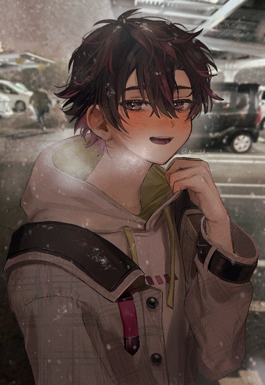 1boy black_hair blush breath car drawstring grey_jacket hair_between_eyes hashtag-only_commentary highres hood hood_down hoodie jacket long_sleeves looking_at_viewer male_focus motor_vehicle multicolored_hair ni_22 nijisanji open_clothes open_jacket open_mouth outdoors parking_lot pink_hair sakayori_soma sakayori_soma_(2nd_costume) snowing solo twitter_username upper_body virtual_youtuber