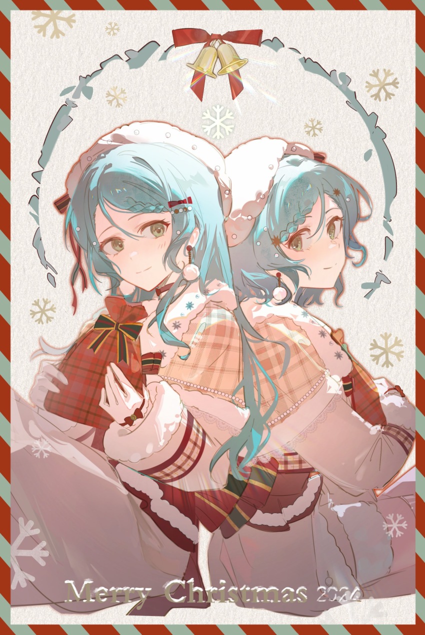 2girls absurdres back-to-back bang_dream! beads bell beret blue_border blue_hair border bow braid braided_bangs brown_capelet capelet character_request chinese_commentary choker christmas christmas_wreath closed_mouth commentary_request cowboy_shot dated duany earrings english_text eyelashes fur-trimmed_capelet fur-trimmed_sleeves fur_hat fur_thigh_strap fur_trim gift gloves green_eyes grey_background grey_thighhighs hair_beads hair_between_eyes hair_bow hair_ornament hairclip half_gloves happy hat hat_bow highres holding holding_gift jewelry long_hair long_skirt long_sleeves merry_christmas multiple_girls plaid_capelet plaid_clothes plaid_vest pom_pom_(clothes) pom_pom_earrings red_border red_bow red_choker red_vest shirt sidelocks single_braid single_stripe skirt sleeves_past_wrists smile snowflakes star_(symbol) star_hair_ornament striped_border striped_bow striped_clothes striped_thighhighs thigh_strap thighhighs two-tone_border two-tone_thighhighs vertical-striped_clothes vertical-striped_thighhighs very_long_hair vest wavy_hair white_gloves white_hat white_shirt white_skirt white_thighhighs winter_clothes wreath
