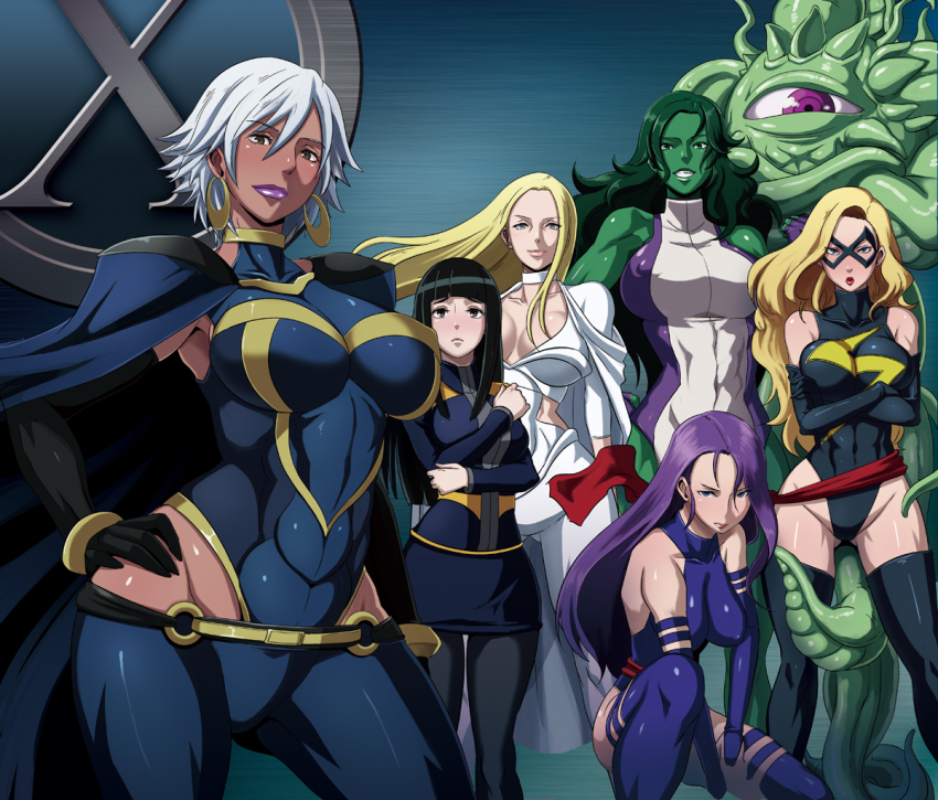 10s 6+girls animification armor_(x-men) black_hair blonde_hair blue_eyes breast_envy breasts brown_eyes butcha-u carol_danvers cleavage colored_skin crossed_arms dark-skinned_female dark_skin earrings emma_frost green_eyes green_hair green_skin hand_on_own_hip hip_focus huge_breasts jennifer_walters jewelry large_breasts leotard lips lipstick makeup marvel mature_female ms_marvel multiple_girls muscular navel odd_one_out pantyhose psylocke purple_eyes purple_hair purple_lips red_lips she-hulk shiny_skin shuma_gorath size_difference smile squatting storm_(x-men) tentacles thick_lips thick_thighs thighhighs thighs white_hair x-men x-men_(anime) zettai_ryouiki