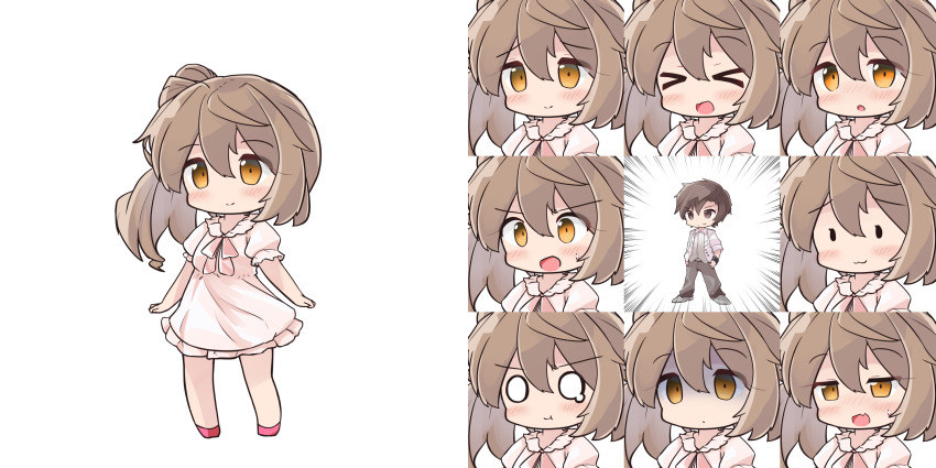 &gt;_&lt; 1boy 1girl :d :t blush brown_eyes brown_hair cevio chibi closed_eyes closed_mouth collared_shirt commentary_request dress dress_shirt emphasis_lines empty_eyes fang frilled_dress frills grey_footwear grey_pants hair_between_eyes half-closed_eyes highres jacket long_hair o_o open_clothes open_jacket open_mouth orange_eyes pants pink_shoes puffy_short_sleeves puffy_sleeves ryogo satou_sasara shaded_face shirt shoes short_sleeves side_ponytail simple_background smile solid_oval_eyes sweat takahashi_amato v-shaped_eyebrows white_background white_dress white_jacket white_shirt