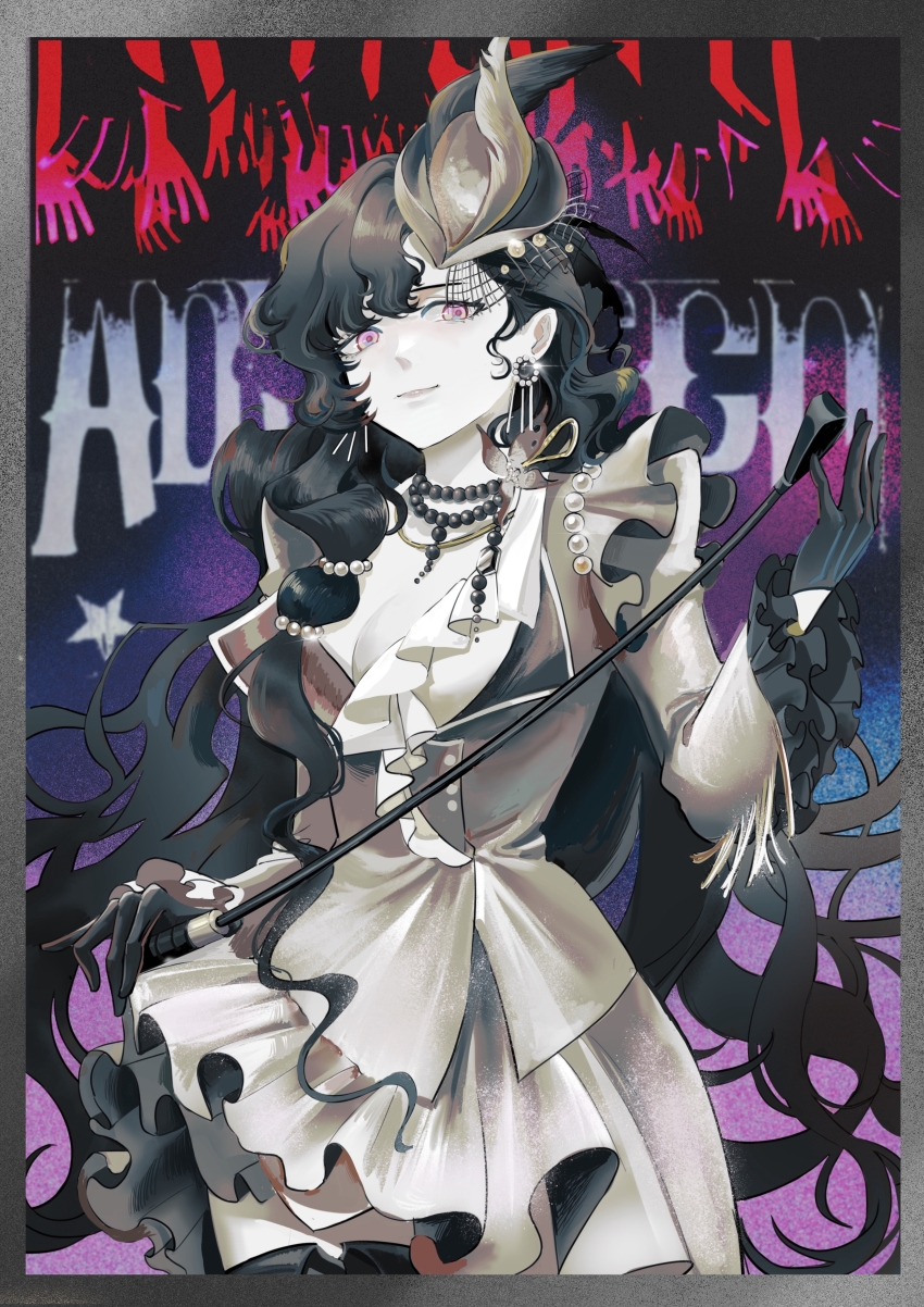 1girl absurdres black_gloves black_hair border breasts cleavage cowboy_shot earrings gloves grey_border grey_hat grey_jacket grey_skirt hand_up hat highres holding holding_riding_crop isolde_(and_all_that_jazz)_(reverse:1999) isolde_(reverse:1999) jacket jewelry long_hair necklace official_alternate_costume pearl_necklace purple_background purple_eyes qiucaotou reverse:1999 riding_crop shirt skirt smile solo very_long_hair white_shirt