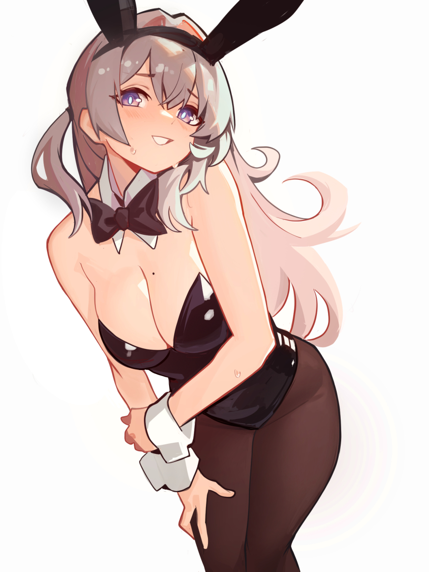 1girl alternate_costume animal_ears bare_shoulders black_bow black_bowtie black_leotard black_pantyhose bow bowtie breasts bug cleavage distr fake_animal_ears firefly firefly_(honkai:_star_rail) grey_hair highres honkai:_star_rail honkai_(series) insect large_breasts leotard long_hair mole mole_on_breast multicolored_eyes open_mouth pantyhose playboy_bunny rabbit_ears solo sweat teeth two-tone_eyes white_background wrist_cuffs
