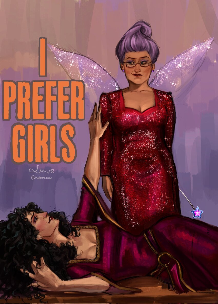 2girls black_hair curled_horns disney dreamworks dress fairy_godmother_(shrek) fairy_wings glasses highres horns i_prefer_girls looking_at_another mother_gothel multiple_girls old old_woman pink_dress rapunzel red_dress shrek_(series) weechoz white_hair wings yuri