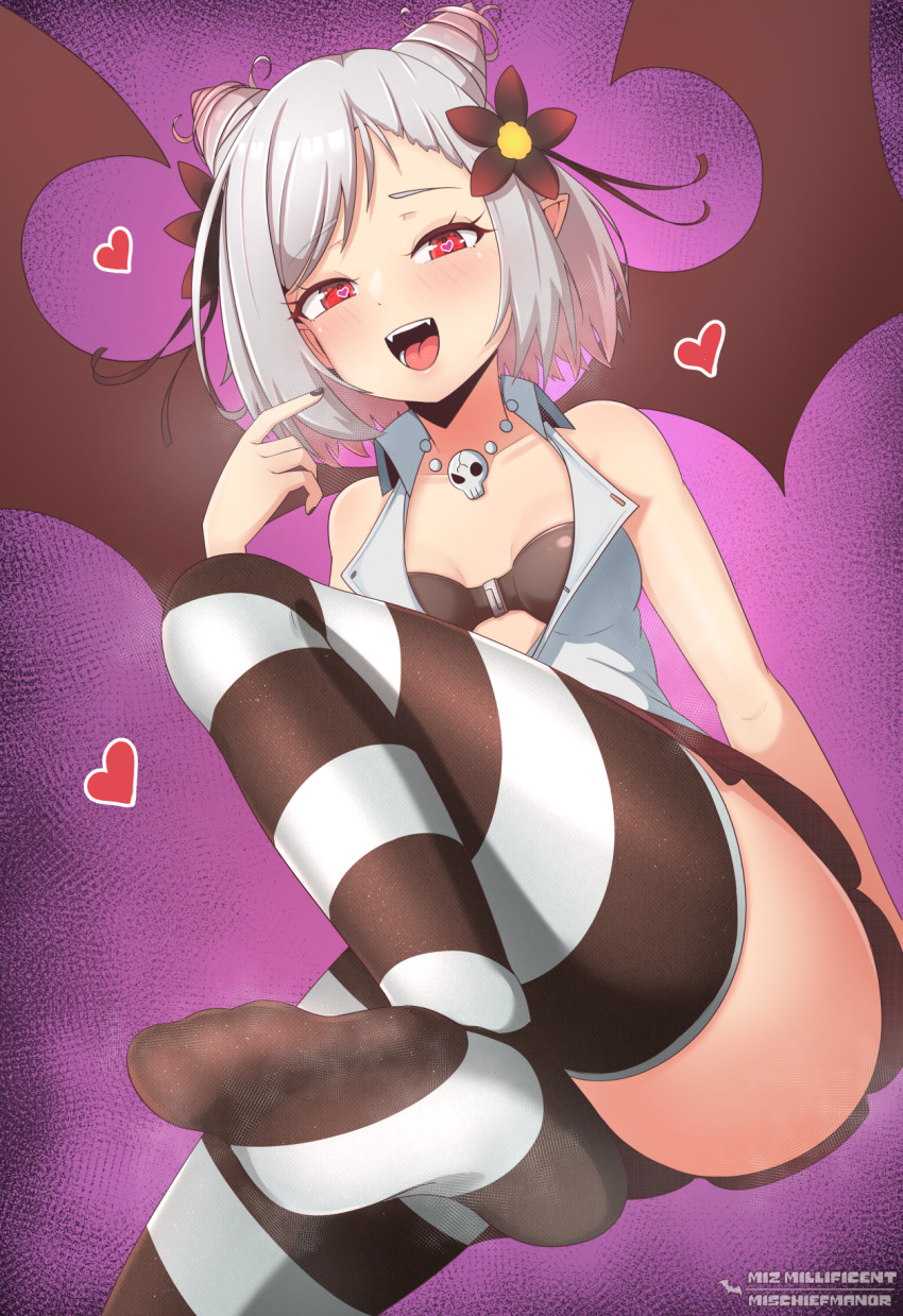 1girl ass bare_shoulders bat_wings black_flower black_nails black_skirt bra breasts collarbone collared_shirt double_bun fang fangs feet flower flower_on_head hair_bun heart heart-shaped_pupils highres jewelry looking_at_viewer low_angle mischiefmiz monster_girl necklace open_clothes open_mouth open_shirt original patreon_username pointing pointing_at_self pointy_ears red_eyes shirt short_hair simple_background sitting skirt skull skull_necklace sleeveless small_breasts smile solo steam strapless strapless_bra striped_clothes striped_thighhighs symbol-shaped_pupils teeth thighhighs thighs tongue twitter_username underwear vampire white_hair white_shirt wings