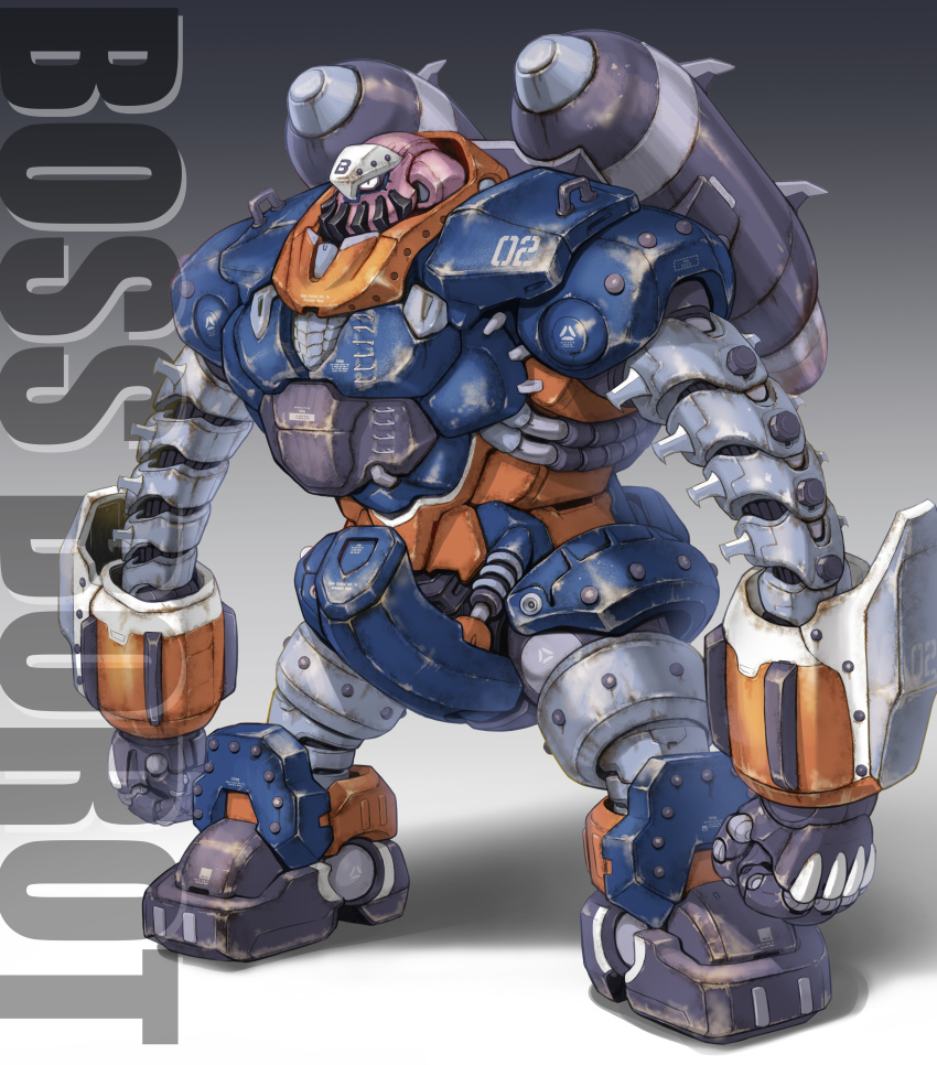 absurdres boss_borot character_name clenched_hands commentary_request derivative_work gradient_background highres jetpack machinery maeda_hiroyuki mazinger_(series) mazinger_z mecha no_humans original redesign robot science_fiction shadow super_robot thrusters