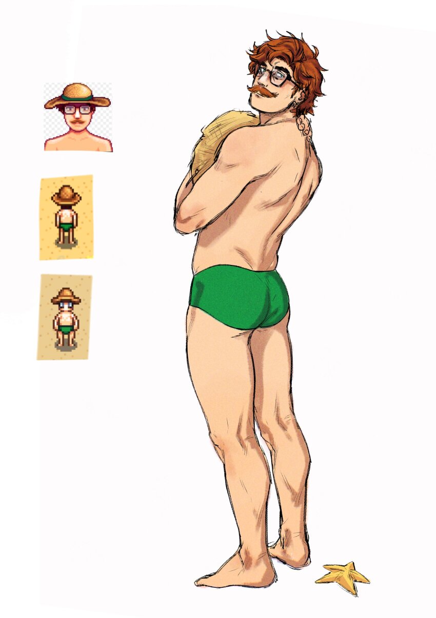 1boy absurdres ass bara beard character_request facial_hair from_behind full_body glasses green_male_swimwear highres looking_at_viewer male_focus male_swimwear mature_male mustache reference_inset short_hair smokerichi solo standing stardew_valley swim_briefs thick_beard thick_mustache toned toned_male topless_male