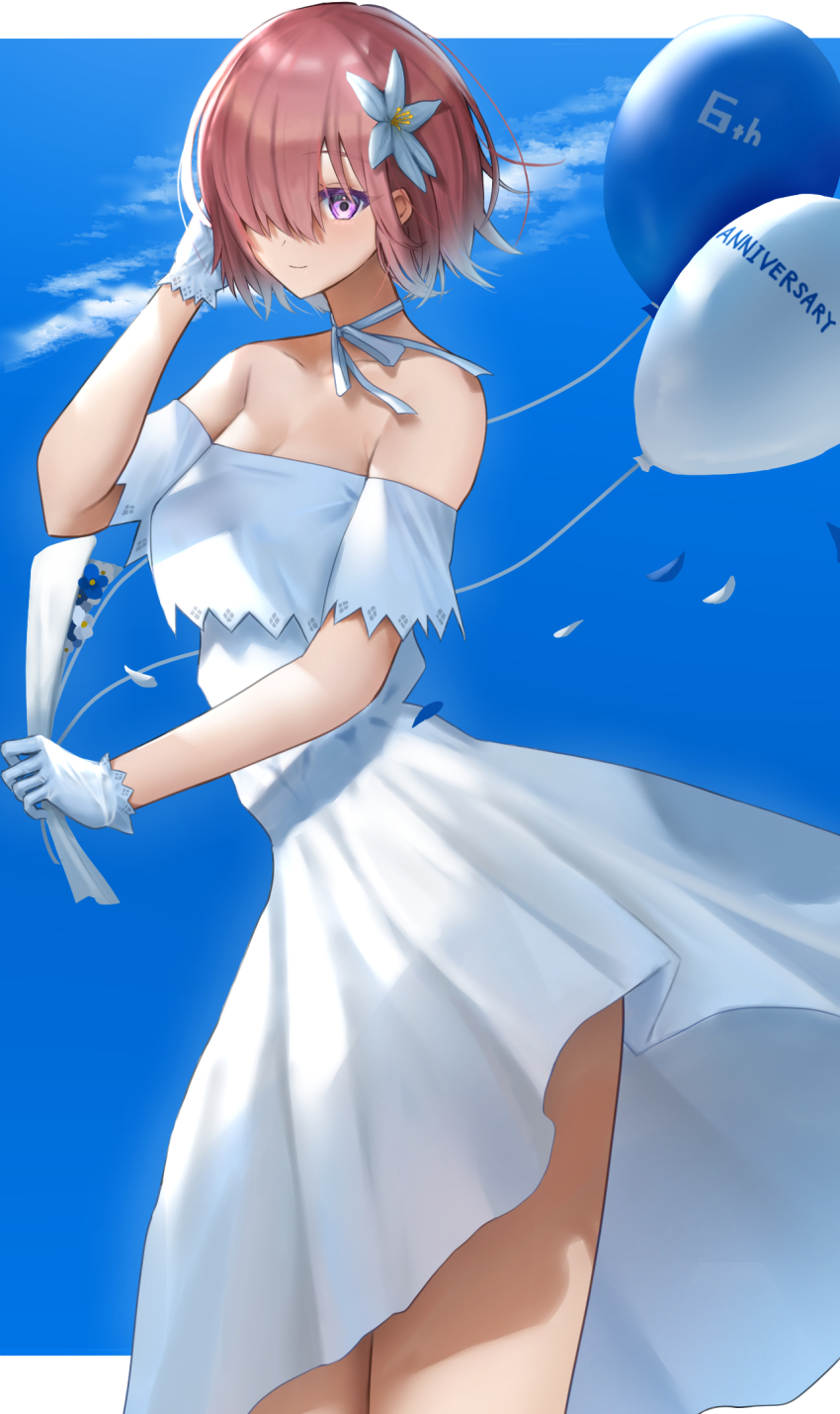 1girl balloon bare_shoulders breasts cleavage collarbone dress fate/grand_order fate_(series) faton gloves hair_over_one_eye highres light_purple_hair looking_at_viewer mash_kyrielight mash_kyrielight_(formal_dress) medium_breasts official_alternate_costume purple_eyes short_hair smile solo thighs white_dress white_gloves
