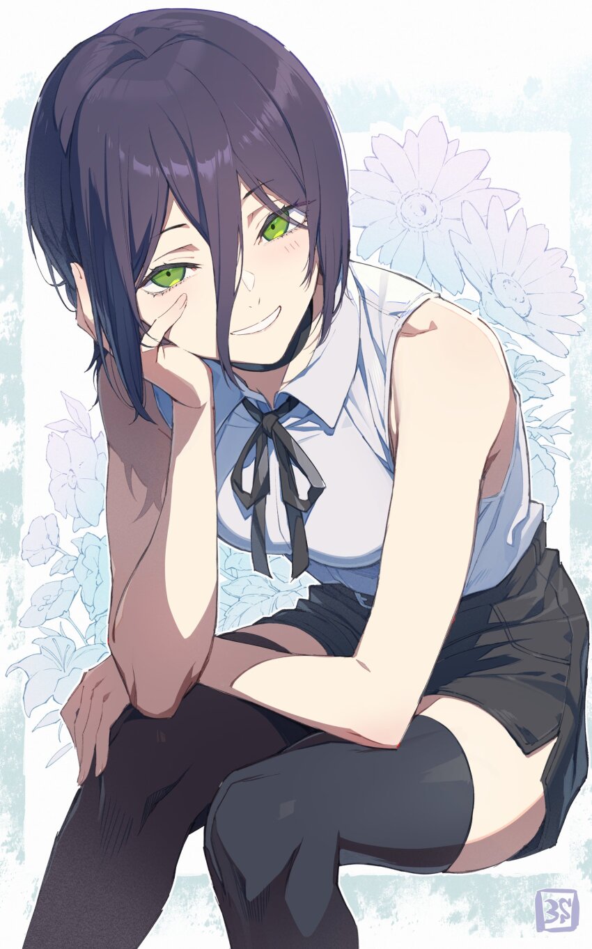 1girl 3s_(tarariko) absurdres black_choker black_hair black_ribbon black_shorts black_thighhighs chainsaw_man choker collared_shirt commentary cowboy_shot feet_out_of_frame flower green_eyes grin hair_between_eyes head_rest highres invisible_chair long_hair_between_eyes looking_at_viewer medium_hair neck_ribbon reze_(chainsaw_man) ribbon shirt shorts signature sitting smile solo thighhighs zettai_ryouiki