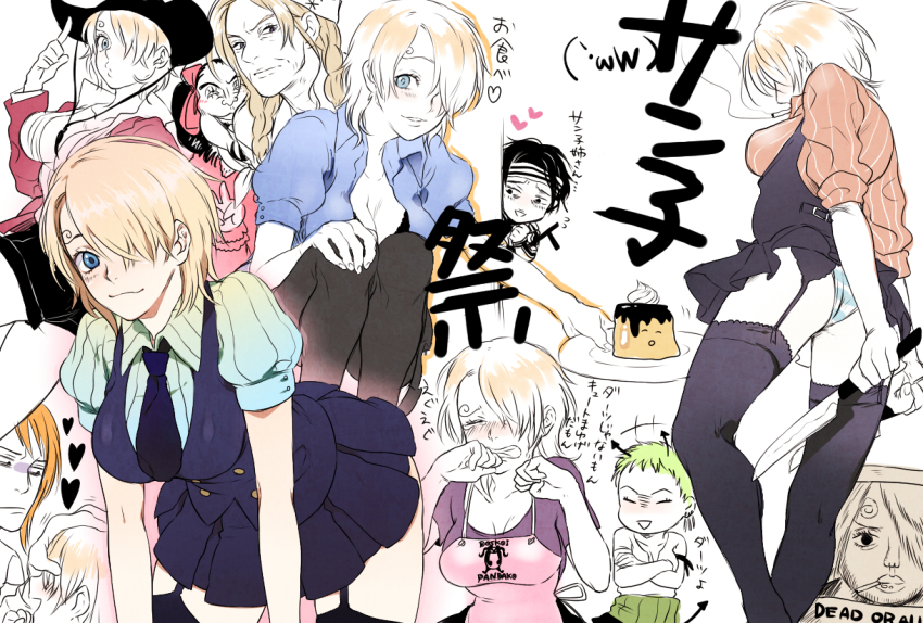 2boys 4girls apron ass bad_id bad_pixiv_id blonde_hair blush breasts cigarette cowboy_hat cowboy_western food garter_belt genderswap genderswap_(ftm) genderswap_(mtf) gin_(one_piece) hair_over_one_eye hat knife large_breasts multiple_boys multiple_girls nami_(one_piece) one_piece pandaman panties patty_(one_piece) pudding red-leg_zeff roronoa_zoro sanji_(one_piece) smoking striped_clothes striped_panties thighhighs translated underwear yawa