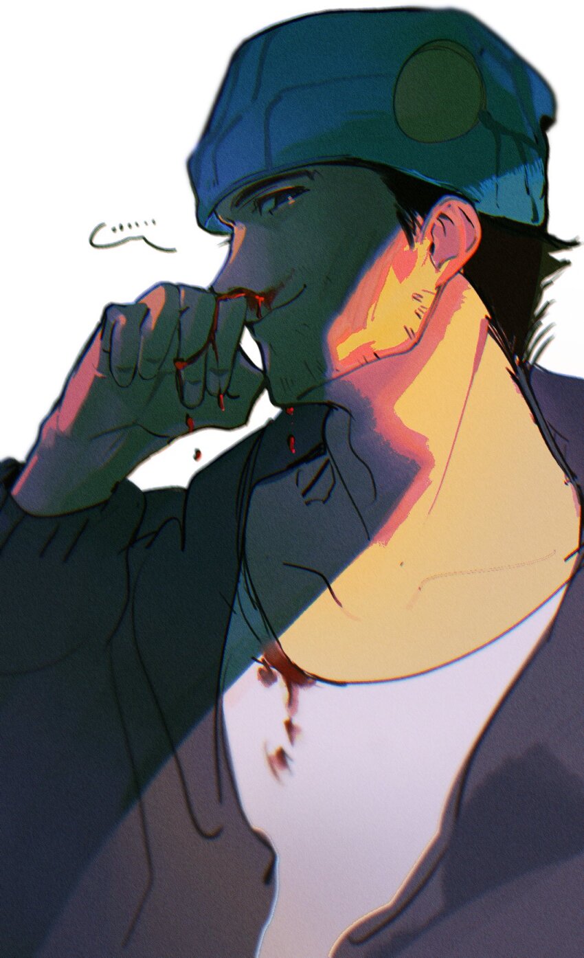 ... 1boy a_yue_huaite ace_attorney apollo_justice:_ace_attorney beanie black_hair black_jacket blood blood_on_clothes blood_on_hands blue_hat brown_eyes closed_mouth collarbone commentary crew_neck film_grain hashtag-only_commentary hat highres hood hooded_jacket jacket long_sleeves looking_to_the_side male_focus nosebleed open_clothes open_jacket phoenix_wright shirt short_hair sideburns sideways_glance smile solo speech_bubble spoken_ellipsis t-shirt upper_body white_shirt