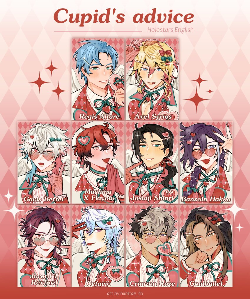 6+boys :p ;d ;o ;p absurdres adjusting_eyewear alternate_costume argyle_background argyle_clothes artist_name axel_syrios banzoin_hakka beard_stubble beret black_hair blonde_hair blue_eyes blue_hair bow braid breast_cutout bright_pupils brown_hair character_name choker closed_mouth collared_shirt commentary crimzon_ruze crossed_bangs dark-skinned_male dark_skin english_commentary everyone eyes_visible_through_hair eyewear_on_head facial_hair fang fangs fangs_out feathered_hair fingernails fishnet_gloves fishnets frilled_shirt_collar frilled_sleeves frills frown gavis_bettel gloves goldbullet gradient_hair green_bow green_choker green_eyes green_ribbon grin hair_between_eyes hair_bow hair_ornament hair_over_shoulder hair_ribbon hairclip hand_on_own_cheek hand_on_own_face hand_up hat heart heart-shaped_eyewear heart_hair_ornament high_collar highres hiimtae_sb holding holoarmis holostars holostars_english holotempus index_finger_raised jacket josuiji_shinri jurard_t_rexford lapels long_fingernails long_hair long_sleeves looking_at_viewer low_ponytail machina_x_flayon male_focus medium_hair multicolored_hair multiple_boys multiple_hair_bows nail_polish neck_ribbon notched_lapels octavio one_eye_closed open_clothes open_jacket open_mouth outline pectoral_cleavage pectorals pink-framed_eyewear pink-tinted_eyewear pink_background pink_bow pink_eyes pink_hair pointy_ears ponytail purple_hair red_bow red_gloves red_hair red_nails red_ribbon red_vest regis_altare ribbon sharp_fingernails shirt short_hair side_braid smile sparkle steepled_fingers streaked_hair striped_clothes striped_shirt stubble sunglasses sweat tinted_eyewear tongue tongue_out tri_braids twitter_username two-tone_hair upper_body valentine vest virtual_youtuber white_hair white_hat white_jacket white_outline white_pupils white_shirt white_wings wing_collar wings