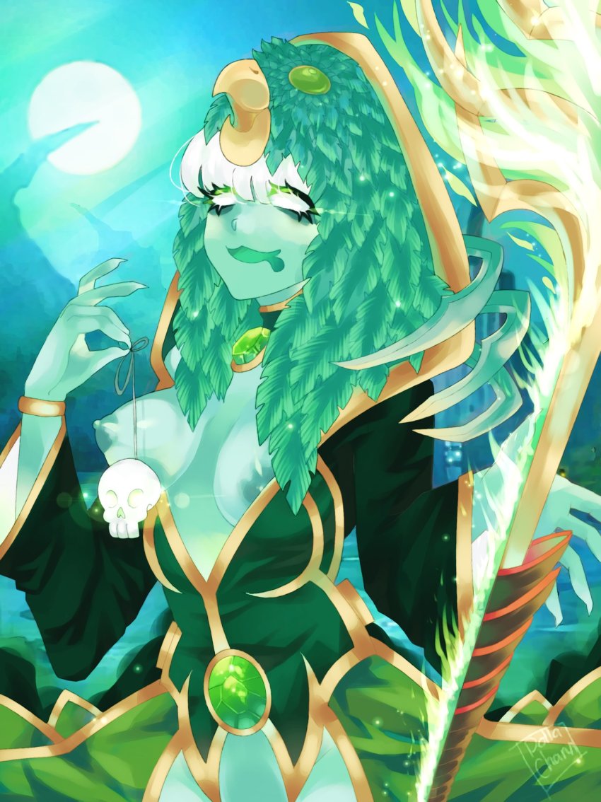1girl ahegao bird breasts choker colored_skin dollachan dota_(series) dota_2 feathers gems genderswap genderswap_(mtf) green_skin highres jewelry magical_girl necklace necromancer necrophos nipples skull staff white_eyes white_hair