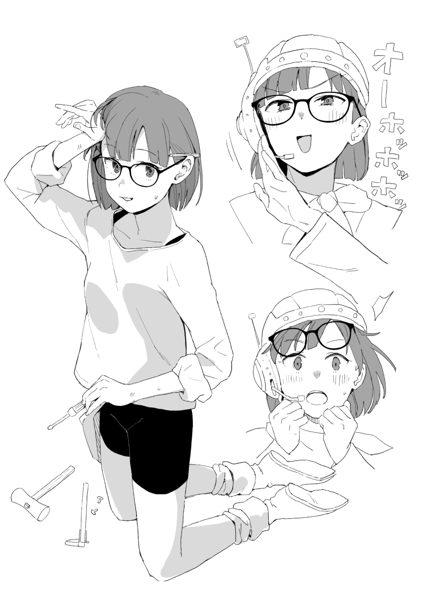 1girl bike_shorts blush chrono_trigger full_body glasses greyscale hammer helmet highres looking_at_viewer lucca_ashtear makio_(makiomeigenbot) monochrome open_mouth pencil scarf short_hair simple_background smile solo white_background