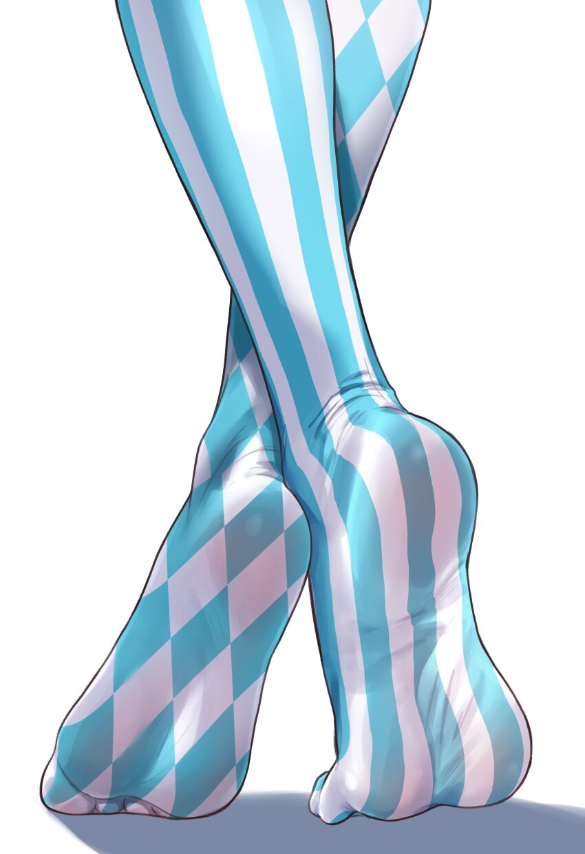 1girl absurdres artoria_caster_(fate) artoria_caster_(swimsuit_berserker)_(fate) artoria_caster_(swimsuit_berserker)_(second_ascension)_(fate) artoria_pendragon_(fate) asymmetrical_legwear blue_theme crossed_legs ebora fate/grand_order fate_(series) feet feet_only foot_focus highres long_hair mismatched_legwear no_shoes soles solo tiptoes white_background