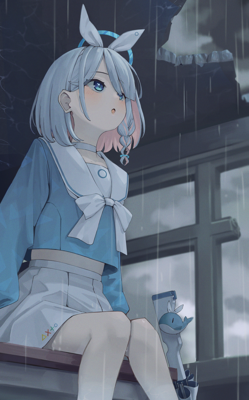 1girl absurdres arona_(blue_archive) blue_archive blue_eyes blue_hair blue_shirt braid colored_inner_hair from_below hair_behind_ear hair_over_one_eye hairband highres iom_kd37150 long_hair looking_up multicolored_hair neckerchief rain sailor_collar shirt sidelocks single_braid skirt solo stuffed_toy two-tone_hair umbrella whale white_hairband white_neckerchief white_sailor_collar white_skirt white_umbrella