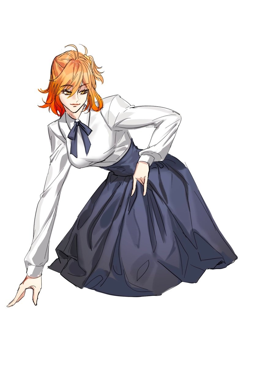 1girl blue_skirt breasts chinese_commentary clothes_grab commentary_request cropped_legs fate/grand_order fate_(series) fujimaru_ritsuka_(female) fujimaru_ritsuka_(female)_(anniversary_blonde) high-waist_skirt highres medium_breasts neck_ribbon one_side_up orange_eyes orange_hair ribbon shinkaifuyuki shirt skirt skirt_grab smile solo white_shirt
