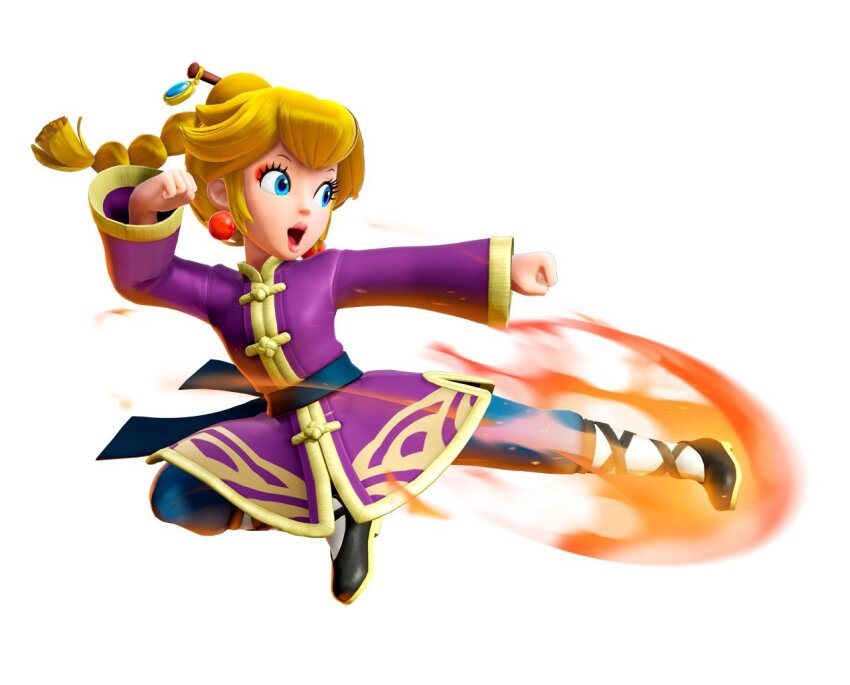 earrings flying_kick hair_ornament jewelry kicking kung_fu_peach makeup mario_(series) nintendo official_art princess_peach princess_peach:_showtime! white_background