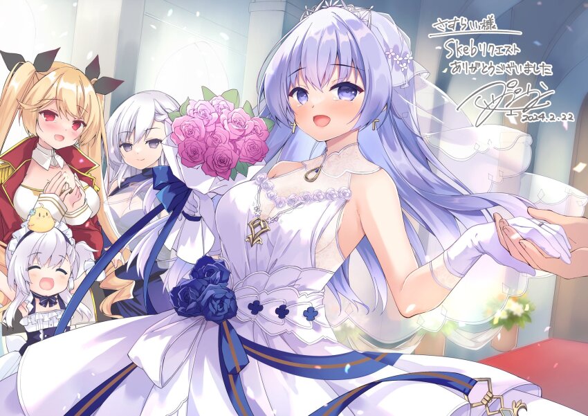 4girls azur_lane belfast_(azur_lane) belfast_(the_noble_attendant)_(azur_lane) black_ribbon blonde_hair blue_flower blush bouquet bridal_veil commander_(azur_lane) commission cross cross_earrings dress dress_flower earrings flower gloves hair_ribbon hands_up happy_tears highres holding holding_bouquet holding_hands jewelry little_bel_(azur_lane) long_dress manjuu_(azur_lane) multiple_girls nelson_(azur_lane) official_alternate_costume open_mouth pink_flower pink_rose purinpurin purple_eyes purple_hair red_carpet red_eyes ribbon ring rodney_(azur_lane) rodney_(palace_of_blessings)_(azur_lane) rose second-party_source skeb_commission smile tears twintails veil wedding_dress wedding_ring white_dress white_gloves white_hair