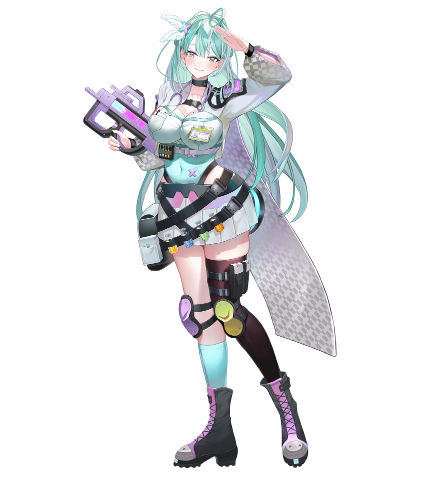 1girl absurdres aqua_socks black_choker black_shoes black_thighhighs bluebell_eve blush breasts choker closed_mouth covered_navel full_body green_hair green_leotard grey_eyes grey_hair gun hair_ornament highres holding holding_gun holding_weapon knee_pads large_breasts leotard long_hair looking_at_viewer miniskirt mole mole_on_breast mole_under_eye multicolored_hair official_art pleated_skirt sanada_keisui shoes simple_background single_thighhigh skirt smile socks solo specialite_(company) specialite_en streaked_hair thighhighs transparent_background virtual_youtuber weapon white_skirt wing_hair_ornament