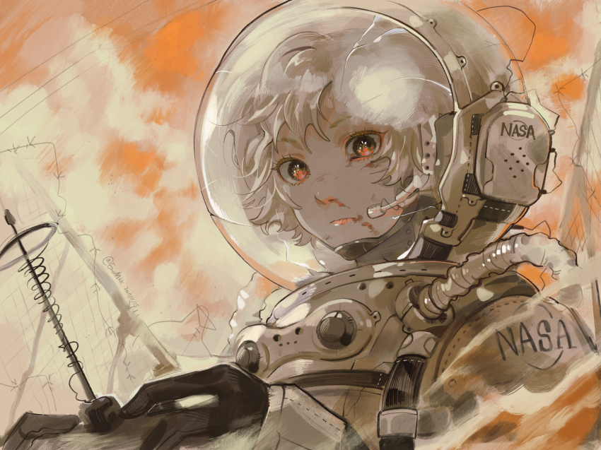 1girl barbed_wire blood blood_on_face brown_theme chinese_commentary cloud commentary_request crack cracked_helmet eromkk expressionless from_side helmet highres holding light_brown_hair nasa nosebleed orange_eyes orange_sky orange_theme original outdoors portrait power_lines radio_antenna short_hair sky solo space_helmet spacesuit tube utility_pole