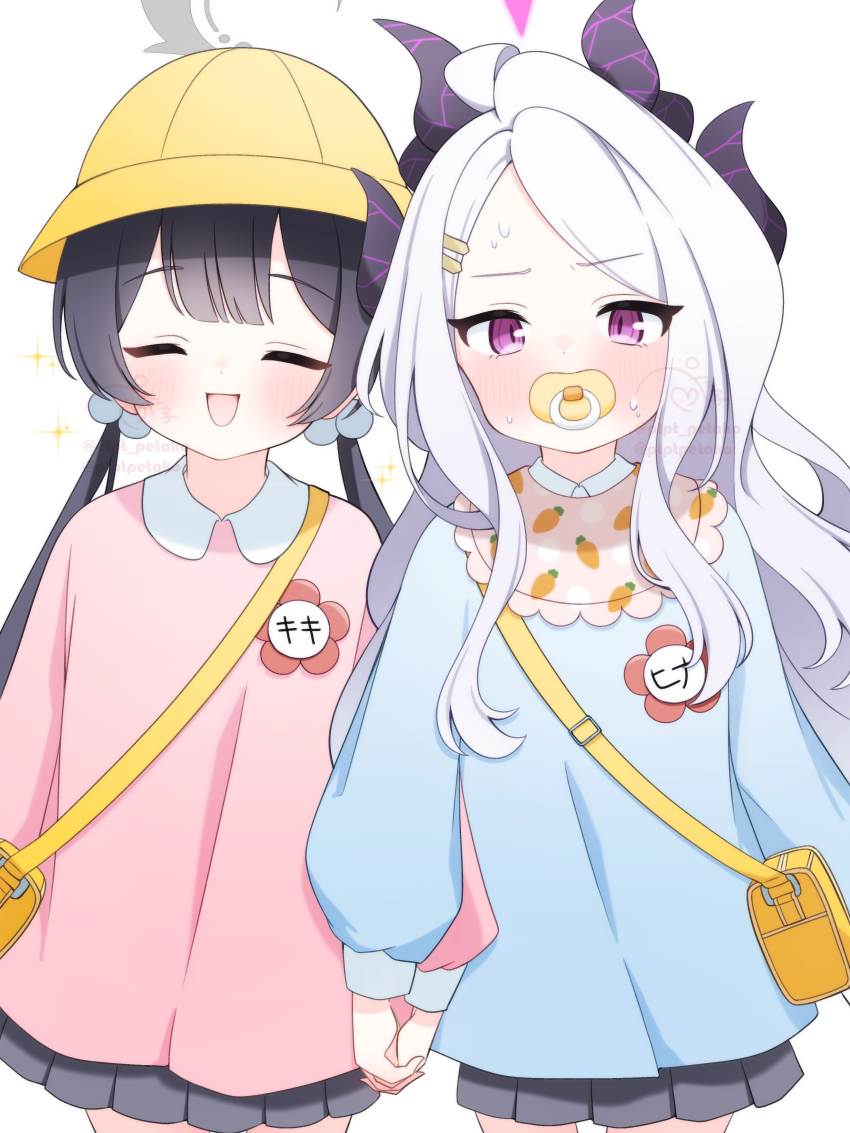 2girls absurdres beads bib black_hair blue_archive blue_shirt blush carrot_print closed_eyes commentary_request demon_horns food_print grey_hair grey_skirt hair_beads hair_ornament halo hat highres hina_(blue_archive) holding_hands horns kindergarten_uniform kisaki_(blue_archive) kisaki_(kindergarten_uniform)_(blue_archive) long_hair long_sleeves looking_at_viewer multiple_girls name_tag no_wings pacifier petako_(ptpt_k) pink_shirt pleated_skirt school_hat shirt simple_background skirt smile smock sweatdrop twintails white_background yellow_bag