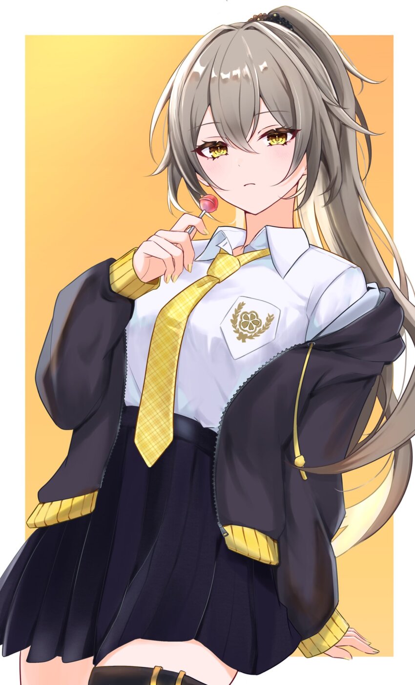 1girl alternate_costume alternate_hairstyle black_jacket black_skirt border candy collared_shirt commentary_request cowboy_shot dutch_angle food grey_hair high_ponytail highres holding holding_candy holding_food holding_lollipop honkai:_star_rail honkai_(series) jacket lollipop long_hair looking_at_viewer necktie open_clothes open_jacket pleated_skirt ponytail shirt simple_background skirt solo stelle_(honkai:_star_rail) tiizumaru98 trailblazer_(honkai:_star_rail) white_border white_shirt yellow_background yellow_eyes yellow_necktie
