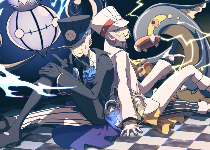 2boys absurdres ascot asymmetrical_legwear back-to-back black_background black_gloves black_hat black_jacket black_shirt boots chandelier chandelure claws collared_shirt eel eelektross electricity emmet_(pokemon) emmet_(sygna_suit)_(pokemon) fangs fins fire fish frilled_sleeves frills gen_5_pokemon glass gloves grey_eyes grey_hair hand_on_floor hat head_fins highres ingo_(pokemon) ingo_(sygna_suit)_(pokemon) jacket knee_boots lamprey lantern light_smile looking_at_viewer multiple_boys nakaoka_komono nintendo on_floor open_mouth pointing pokemon pokemon_(creature) pokemon_masters_ex purple_fire red_eyes shirt short_hair sideburns white_gloves white_hat white_jacket white_shirt yellow_eyes