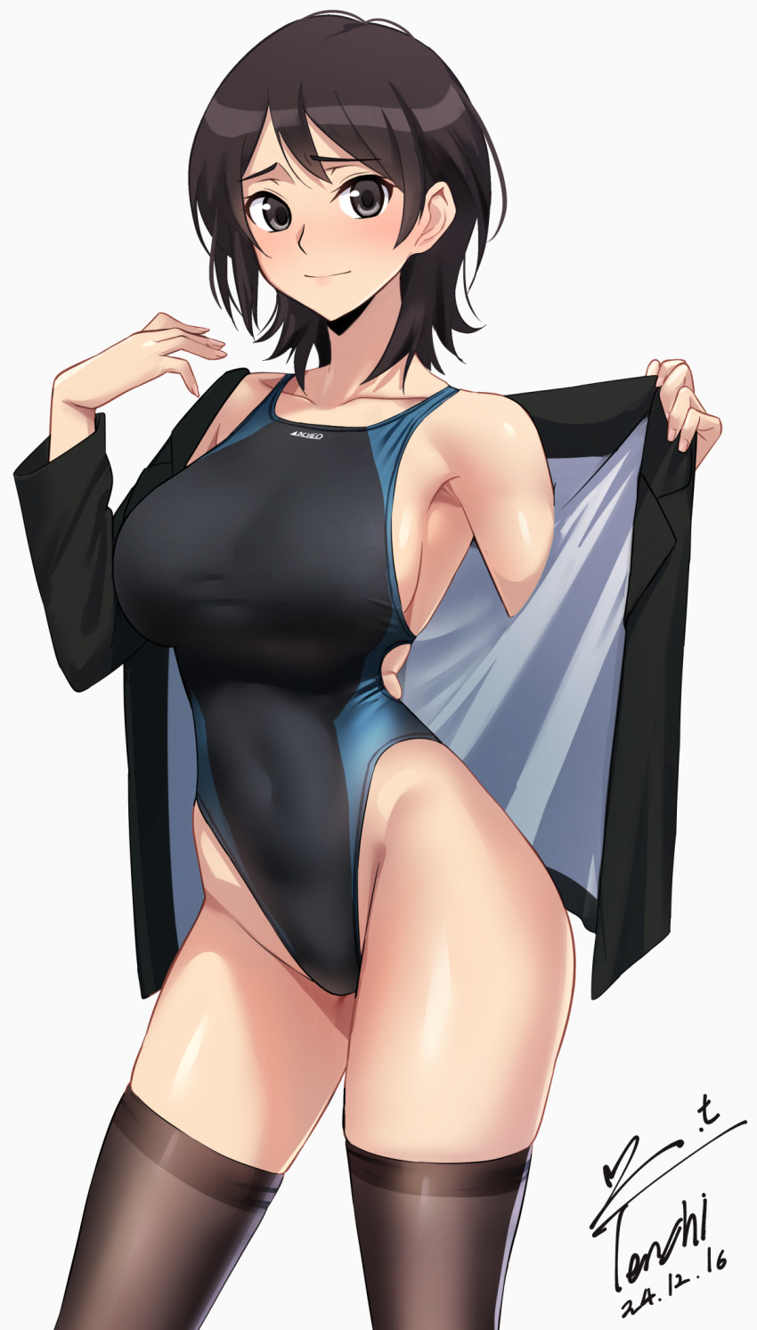 1girl amagami black_eyes black_hair black_one-piece_swimsuit black_suit black_thighhighs blue_one-piece_swimsuit breasts closed_mouth collarbone commission competition_swimsuit covered_navel dated formal_clothes groin highleg highleg_one-piece_swimsuit highres large_breasts long_sleeves looking_at_viewer multicolored_swimsuit one-piece_swimsuit pixiv_commission short_hair signature simple_background solo suit swimsuit takahashi_maya thighhighs two-tone_swimsuit undressing white_background yoo_tenchi