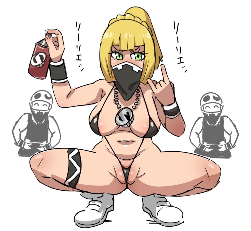 1girl 2boys blonde_hair breasts cosplay kanden-ki lillie_(pokemon) multiple_boys nintendo nipples partially_visible_vulva pokemon pokemon_sm pussy swimsuit team_skull team_skull_grunt team_skull_grunt_(cosplay) wedgie