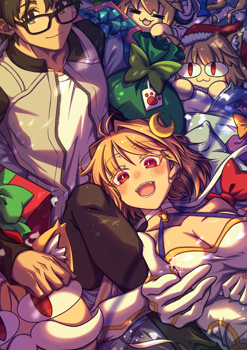 1boy absurdres arcueid_brunestud bare_shoulders black_eyes black_hair blonde_hair breasts cleavage commission dress glasses highres isurugiratone jacket large_breasts lying neco-arc on_back phantas-moon pixiv_commission red_eyes shirt short_hair strapless strapless_dress textless_version tohno_shiki tsukihime tsukihime_(remake) white_dress white_jacket white_shirt