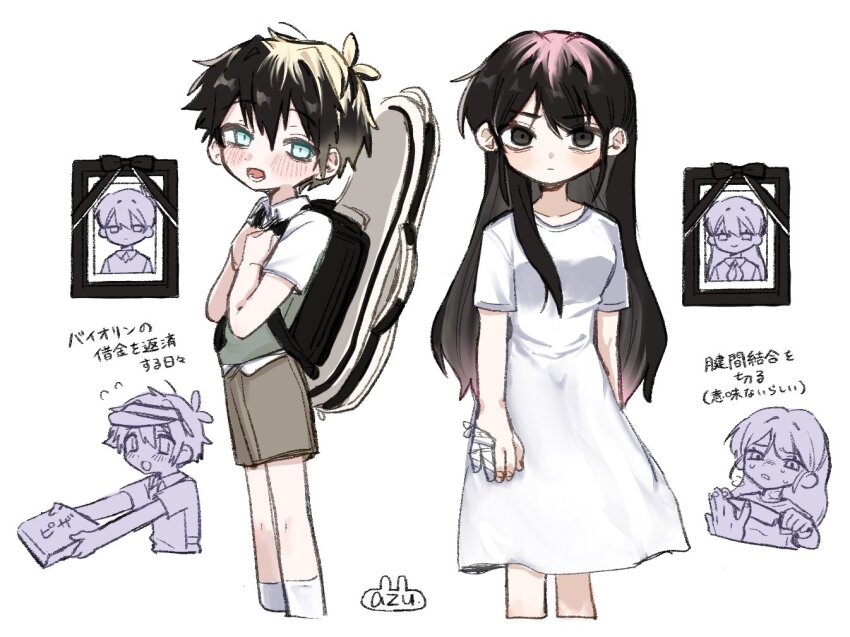 1boy 1girl alternate_hair_color antenna_hair aubrey_(omori) azu_(soramm_cake) bandaged_hand bandages basil_(faraway)_(omori) basil_(omori) blue_eyes blush brown_shorts closed_mouth collarbone collared_shirt dress flying_sweatdrops green_sweater_vest iei mari_(faraway)_(omori) mari_(omori) mari_(spirit)_(omori) omori open_mouth shirt short_sleeves shorts simple_background smile socks sunny_(omori) sweater_vest translation_request violin_case white_background white_dress white_shirt white_socks