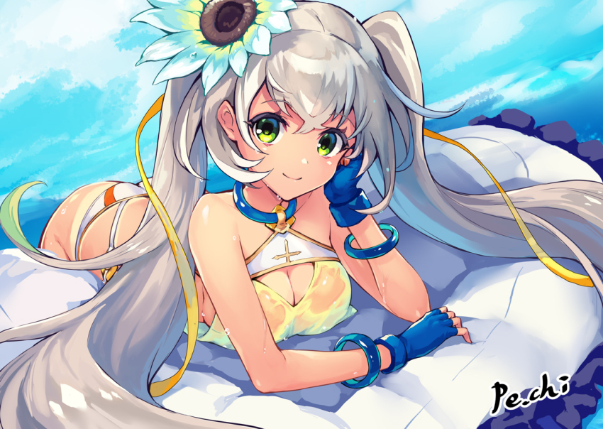 1girl ancient_killers_(phantom_of_the_kill) artist_name bikini bikini_bottom_only blue_gloves bracelet breasts cleavage cleavage_cutout closed_mouth clothing_cutout commentary_request crossed_bangs damocles_(phantom_of_the_kill) fingerless_gloves flower gloves green_eyes grey_hair hair_between_eyes hair_flower hair_ornament head_rest jewelry long_hair looking_at_viewer official_art outdoors phantom_of_the_kill second-party_source smile solo swimsuit twintails