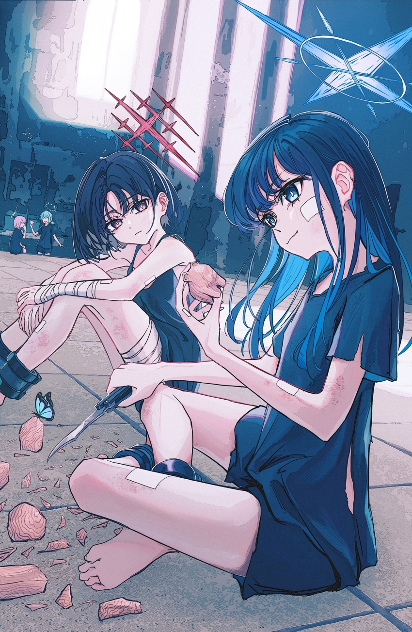 4girls animal arius_squad_(blue_archive) atsuko_(blue_archive) bandaged_arm bandages barefoot black_hair black_shirt blue_archive blue_eyes blue_hair blue_halo blush bug butterfly closed_mouth colored_inner_hair eironeus green_hair halo highres hiyori_(blue_archive) holding holding_knife insect knife misaki_(blue_archive) multicolored_hair multiple_girls purple_hair red_eyes red_halo saori_(blue_archive) shirt short_sleeves sitting smile soles toes