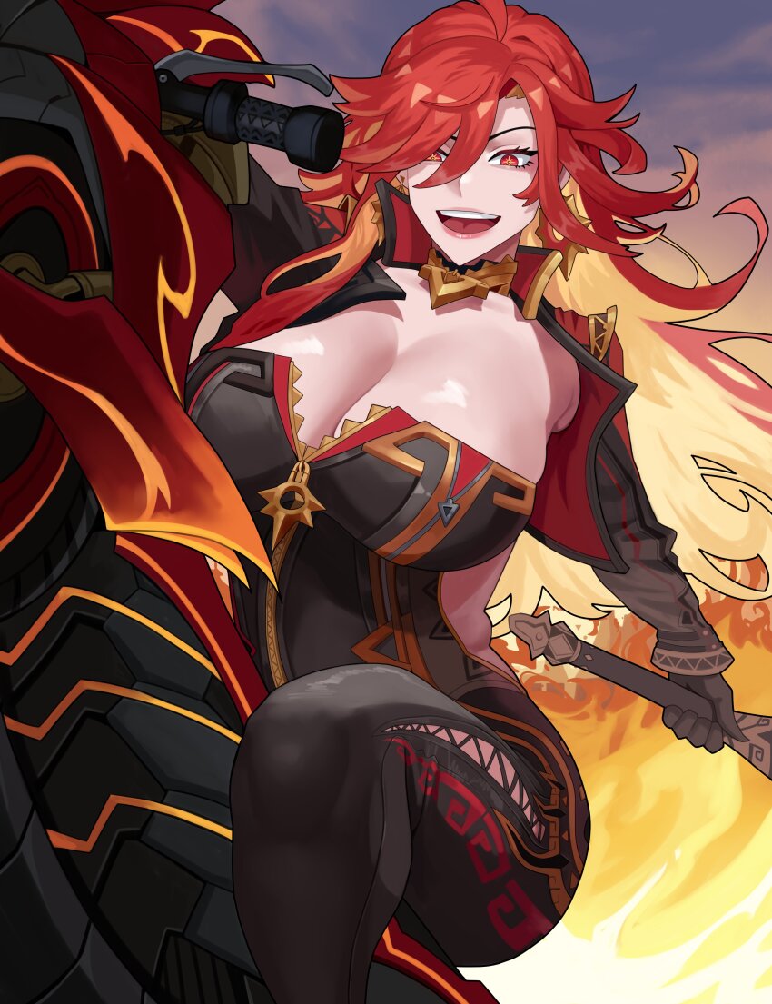 1girl absurdres arapanchi biker_clothes bikesuit black_bodysuit bodysuit breasts cleavage earrings fire flamestrider_(genshin_impact) genshin_impact hair_between_eyes highres holding holding_sword holding_weapon jaguar_girl jewelry large_breasts mavuika_(genshin_impact) mihoyo motor_vehicle motorcycle multicolored_hair on_motorcycle open_mouth orange_hair orange_pupils partially_unzipped red_eyes red_hair sitting smile strapless_bodysuit sun_earrings sword symbol_in_eye weapon