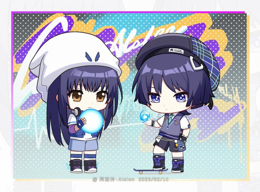 2boys alalen alalen_nelala alternate_costume aqua_necktie aqua_trim arm_at_side artist_name beanie beret black_boots black_hair black_hat black_shorts blue_gloves blue_jacket blue_shorts blue_trim blunt_ends boots bright_pupils brown_eyes casual chain chibi choppy_bangs closed_mouth collared_shirt contemporary crossover dated emblem eyelashes feathers fingerless_gloves fujisaki_nagihiko full_body genshin_impact gloves graffiti grey_socks grey_sweater_vest hand_in_pocket hat holding jacket lace-up_boots layered_sleeves light_blush long_hair long_sleeves looking_at_another multiple_boys necktie o-ring official_alternate_costume open_clothes open_hand open_jacket orb paint_splatter pom_pom_(clothes) purple_eyes purple_sleeves purple_trim scaramouche_(genshin_impact) shirt short_sleeves shorts shugo_chara! sidelocks skateboard smile socks standing sweater_vest vortex wanderer_(genshin_impact) wanderer_(mega_mgc_coffee)_(genshin_impact) white_hat white_pupils white_sleeves white_socks white_undershirt wind wrist_cuffs wristband yellow_feathers