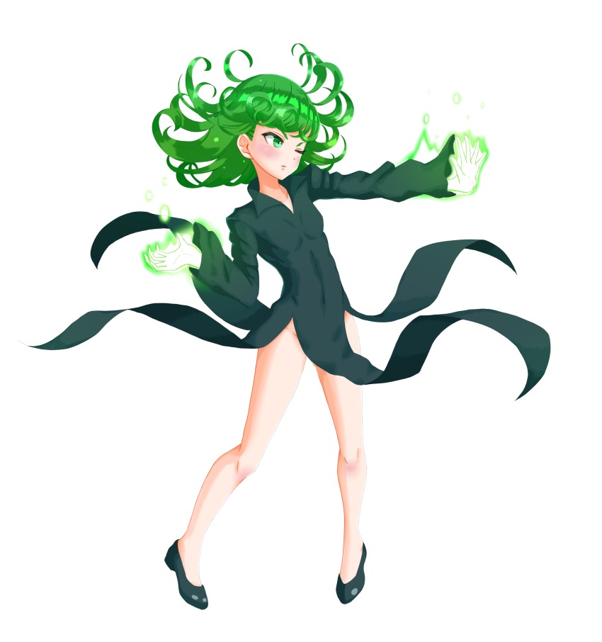 &gt;;( 1girl ;( absurdres bare_legs black_dress black_shoes blush breasts closed_mouth collarbone covered_navel curly_hair dress energy fantasy female_focus floating floating_clothes floating_object flying frown full_body glowing glowing_hand glowing_hands green_eyes green_hair groin high_heels highres levitation lifting_own_clothes long_hair long_sleeves magic midriff no_panties one-punch_man pelvic_curtain popped_collar psychic shirokuro_(oyaji) shoes side_slit simple_background small_breasts solo tatsumaki telekinesis v-shaped_eyebrows white_background