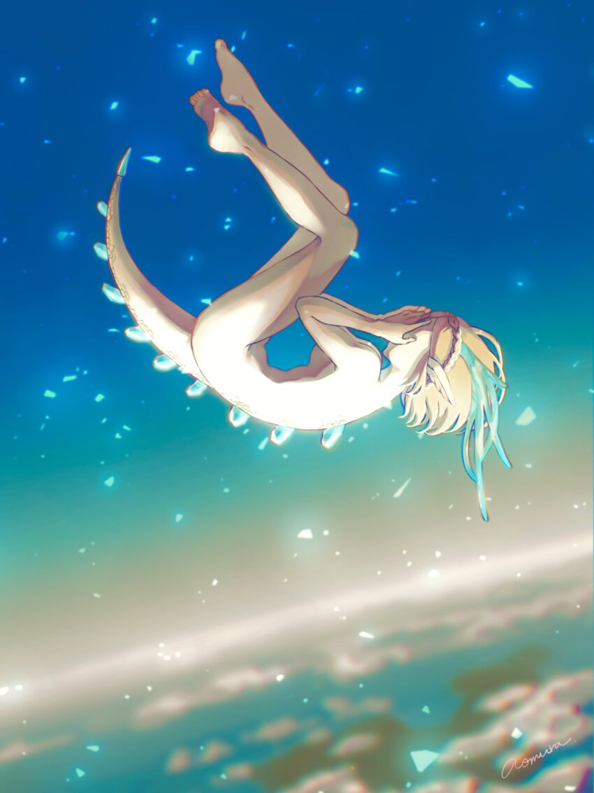 1girl aomura831 blonde_hair blurry blurry_background braid breasts cloud completely_nude crown_braid dragon_girl dragon_horns dragon_tail falling hands_on_own_face highres horns light_dragon_(zelda) midair nintendo nude pointy_ears princess_zelda solo spines tail the_legend_of_zelda the_legend_of_zelda:_tears_of_the_kingdom