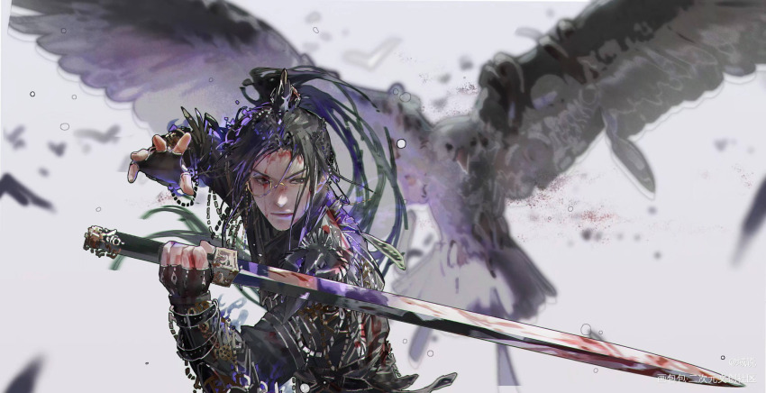 1boy armor bird black_eyes black_gloves black_hair blood blood_from_forehead blood_on_face bloody_weapon chinese_commentary closed_mouth falcon fingerless_gloves gloves glowing gu_yun high_ponytail highres holding holding_sword holding_weapon jian_(weapon) long_hair long_sleeves looking_to_the_side male_focus monocle open_hand ponytail reflection reflective_weapon sha_po_lang shoulder_armor solo sword upper_body weapon white_background xiao_guan_(headdress) yu_shuo_de_nian_ji_zhu