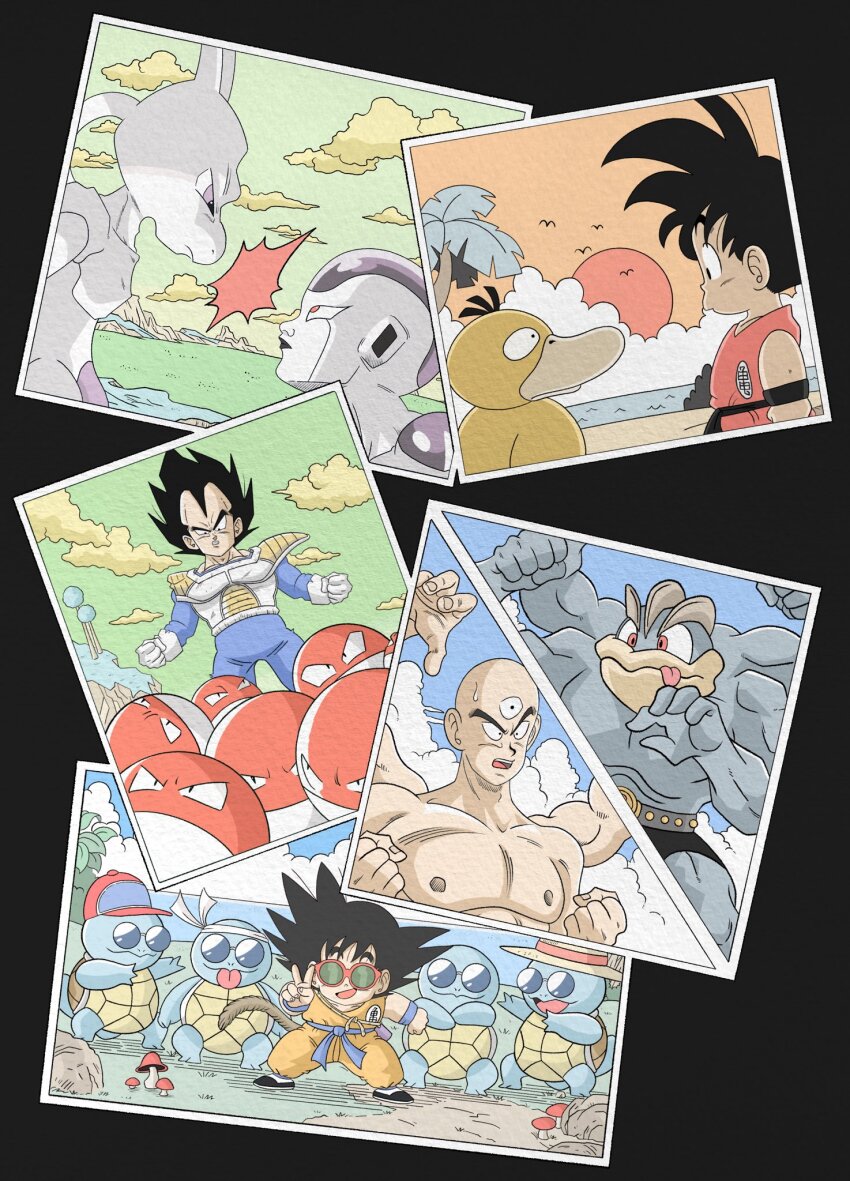 armor bald baseball_cap beach black_eyes black_hair blue_sky boots cloud colored_skin crossover day dougi dragon_ball dragon_ball_(classic) dragonball_z extra_arms frieza game_freak gen_1_pokemon gloves group_picture hat highres holding legendary_pokemon long_hair looking_at_viewer machamp male_focus mewtwo multiple_boys muscular muscular_male mushroom nintendo ocean open_mouth outdoors pokemon pokemon_(creature) psyduck red_eyes rock saiyan_armor sky smile son_goku spiked_hair squirtle squirtle_squad sunglasses tail teeth tenshinhan third_eye tongue tongue_out turtle vegeta voltorb water wesatinthecar white_gloves wristband