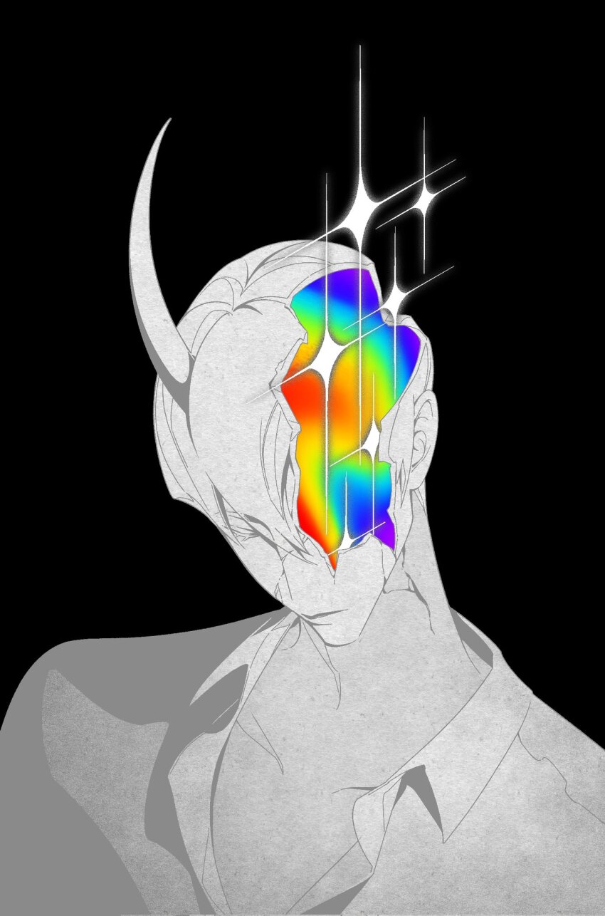 1boy benkdjjituibot closed_eyes collared_shirt cracked_skin demon_horns from_above greyscale highres horns kim_dokja male_focus monochrome omniscient_reader&#039;s_viewpoint open_skull rainbow_blood rainbow_gradient shirt solo sparkle spot_color upper_body white_shirt