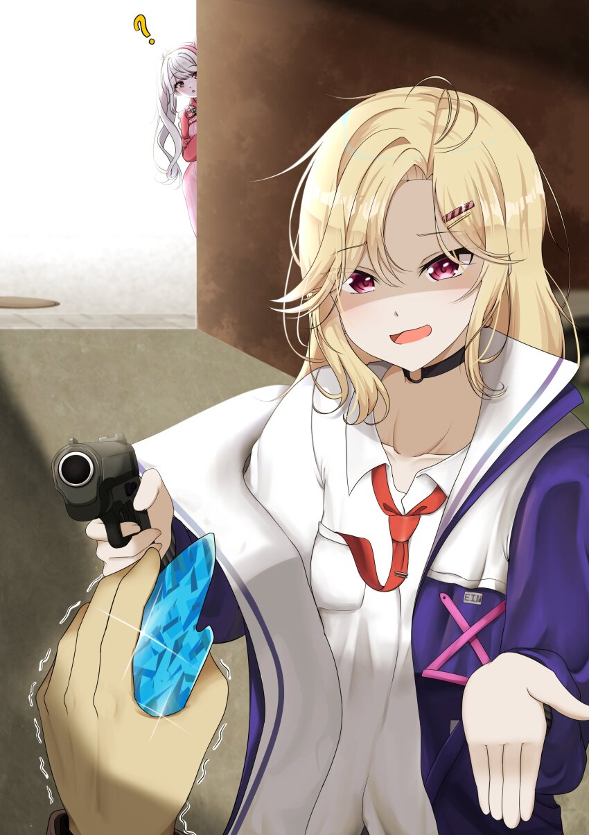 absurdres aiming aiming_at_viewer alice_(nikke) animal_ears at_gunpoint blonde_hair bodysuit breasts crystal ein_(nikke) fake_animal_ears gloves goddess_of_victory:_nikke gun gyaru hair_ornament handgun headphones headset highres holding holding_gun holding_weapon impossible_bodysuit impossible_clothes jacket latex latex_bodysuit long_hair long_sleeves looking_at_viewer m1911 multicolored_gloves multiple_girls necktie necktie_in_pocket open_mouth pink_bodysuit pink_eyes pink_gloves pink_hair pink_headphones red_eyes red_necktie school_uniform shirt shrug_(clothing) skin_tight skirt smile threat twintails two-tone_gloves untucked_shirt voidsynatic weapon white_shirt
