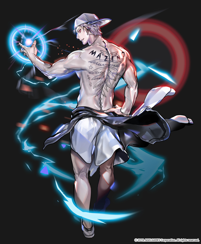 1boy absurdres back back_tattoo backwards_hat baseball_cap clothes_around_waist earrings grin hand_on_own_hip hat hero_cantare highres jacket jacket_around_waist unworn_jacket jewelry leenim looking_at_viewer looking_back magic male_focus muscular muscular_male official_art red_eyes topless_male shoes short_hair shorts smile solo tattoo teeth tower_of_god urek_mazino white_hair white_shorts