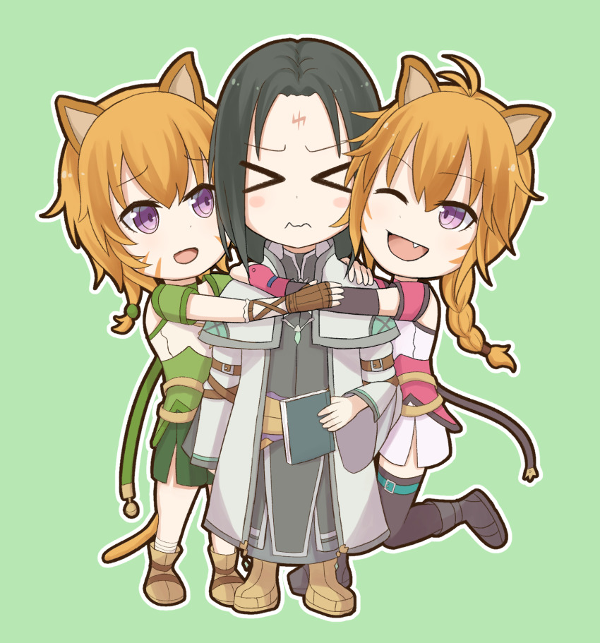 1girl 2girls animal_ears atorie braid cat cat_ears cat_girl chibi collar commission commissioner_upload facepaint facial_mark fang fire_emblem fire_emblem:_path_of_radiance fire_emblem:_radiant_dawn green_background happy highres hug lethe_(fire_emblem) lyre_(fire_emblem) multiple_girls nintendo one_eye_closed siblings sisters soren_(fire_emblem) soren_(radiant_confidant)_(fire_emblem) twins