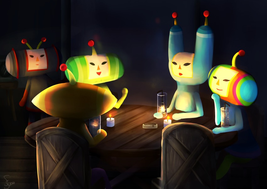 2016 2girls 3boys absurdres ace_(katamari_damacy) candle chair drinking_straw fire foomin_(katamari_damacy) glass highres katamari_damacy kuro_(katamari_damacy) marcy_(katamari_damacy) multiple_boys multiple_candles multiple_girls night outdoors reflection table the_prince window