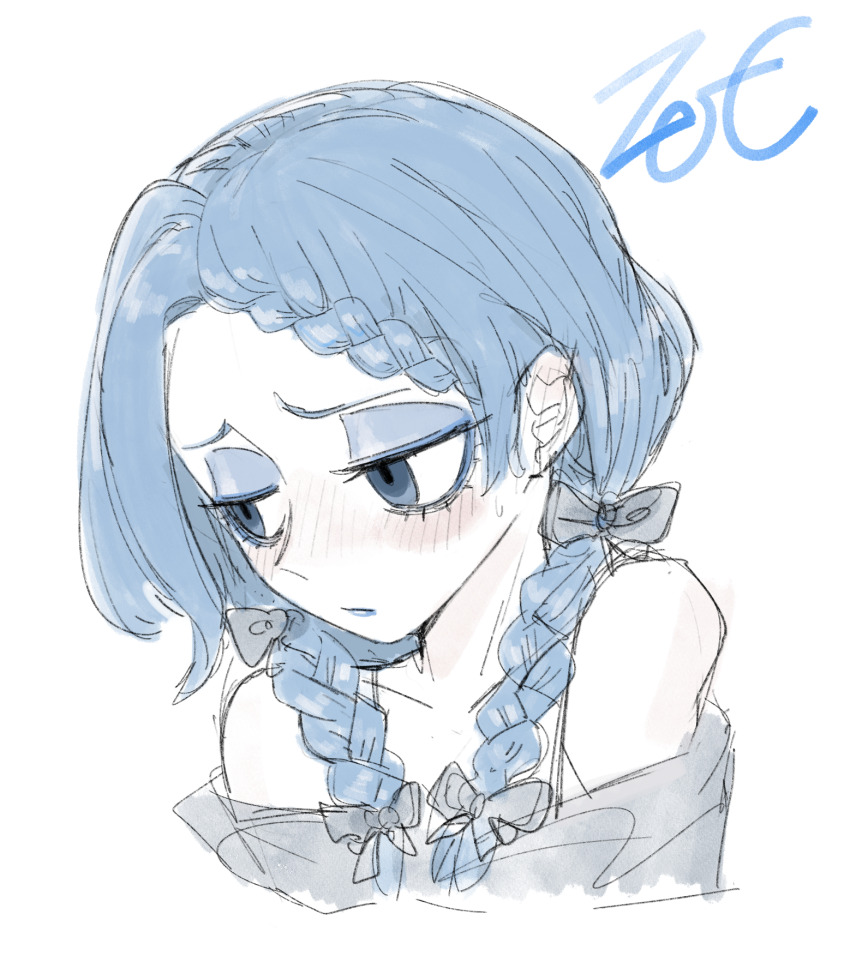 1girl artist_name averting_eyes bare_shoulders black_bow blue_dress blue_eyes blue_eyeshadow blue_hair blue_ribbon blue_theme blush bow braid braided_bangs closed_mouth collarbone colored_eyelashes dress embarrassed eyeshadow hair_bow hair_over_shoulder highres makeup original portrait ribbon signature simple_background sketch sleeveless solo twin_braids white_background zetc_g
