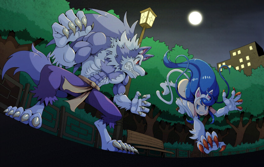 abs ass blue_eyes blue_hair claws d_sandy darkstalkers felicia_(darkstalkers) jon_talbain muscular muscular_male nude tail werewolf